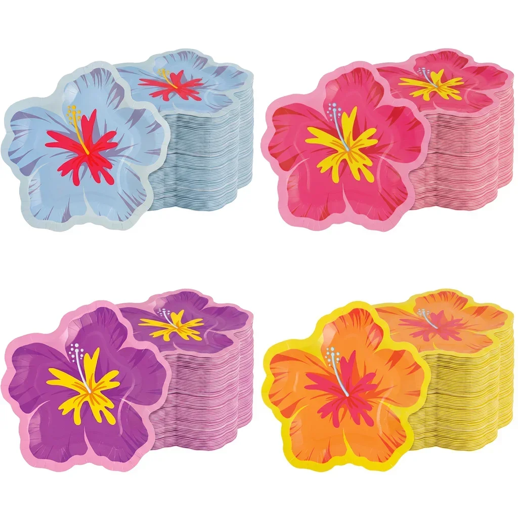 Hibiskusblütenförmige Pappteller, hawaiianische Luau-Partyartikel, tropisches Partygeschirr, Einweg-Dessertgeschirr für Sommergeburtstage – Detail 1