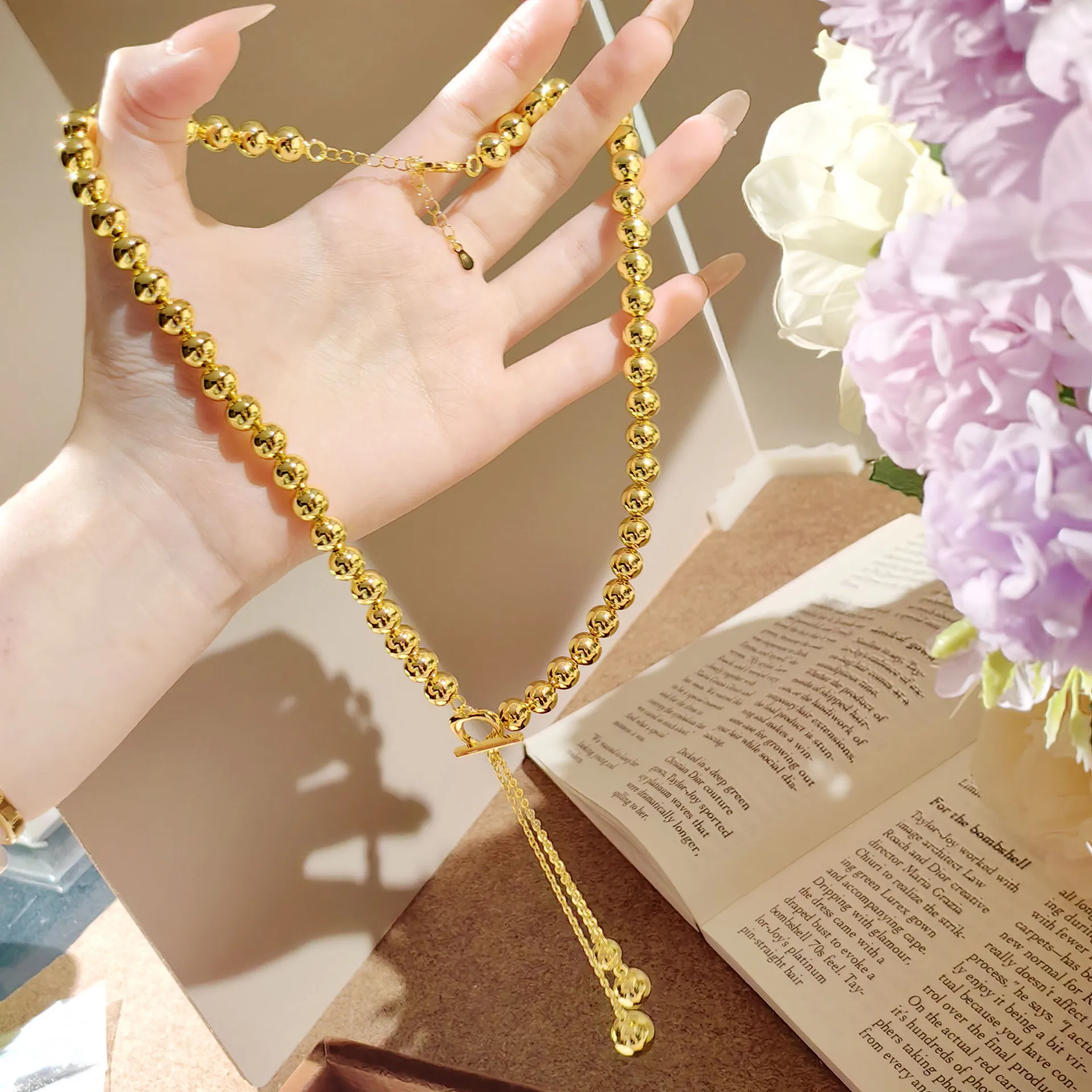 S925 Sterling Silver Ancient Gold Bead Chain Love Fringe Necklace Collarbone Chain