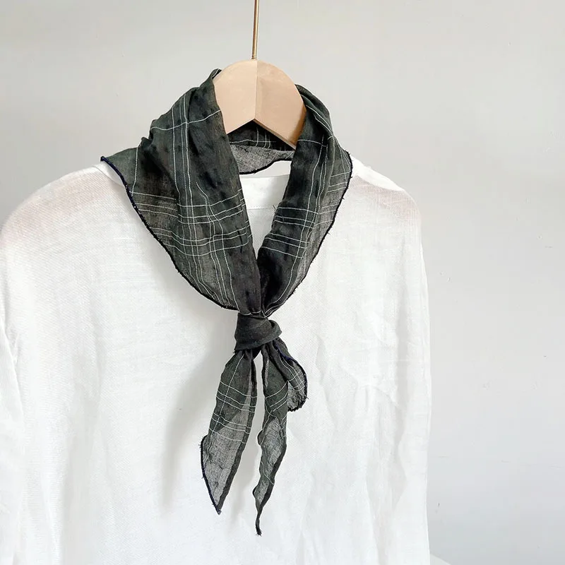 2024 New Triangular Scarf For Women Summer Fashion Neckerchief Cotton Linen Plaid Light Headscarf