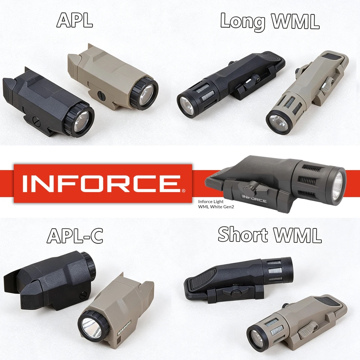 INFORCE WML APL Lampe LED Tactique Longue et Courte en Nylon, Momentanée ou Constante, Compatible Rail 20mm, Airsoft, Chasse, G17 G19