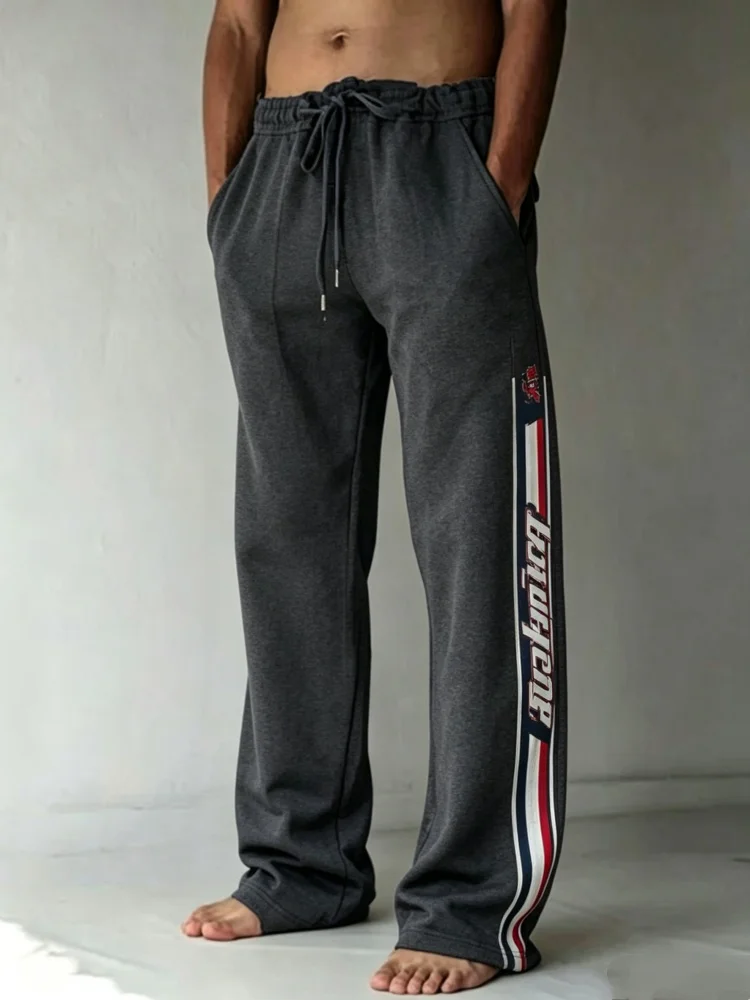 Mens Dark Grey Side Vertical Stripe Letter Print Drawstring Waist Straight Floor Length Loose Casual Sweatpants