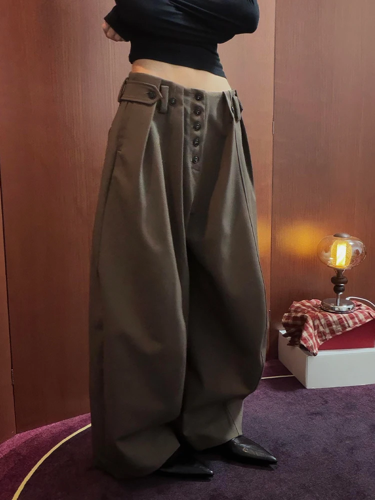 

Американские свободные драпированные повседневные брюки в стиле High Street для женщин, весенняя новинка, модные брюки в стиле милитари, длинные в пол