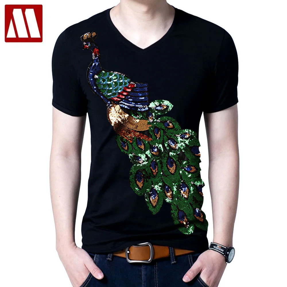 2024 Summer Elegant T-shirt Men\'s Peacock Sequined Sequins T shirts Men Fashion New Cotton Tops Tee Shirt Male Sakura Clothes