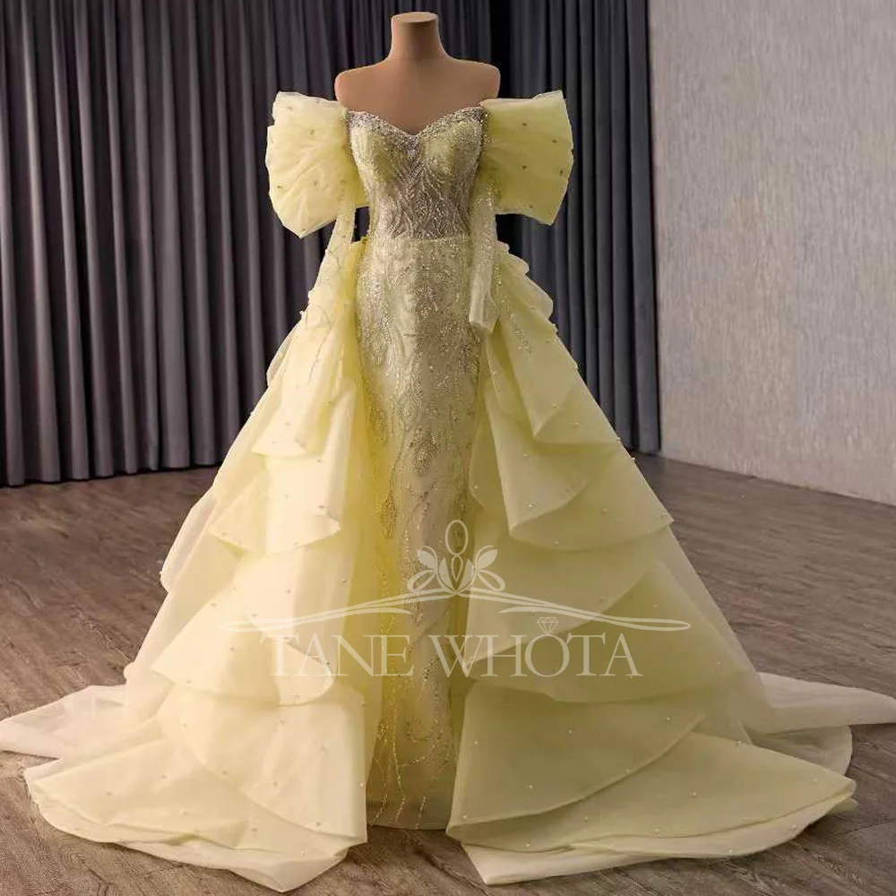 

Yellow Sweetheart Evening Dress With Long Sleeves Sheath Lace-Up Back Detachable Train Beading Sequined Customizable Luxury