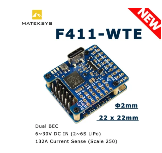 

Matek Mateksys F411-WTE Flight Controller STM32F411 Built-in BEC 5V Output 2-6S ESC 90A Current Senor For FPV Fixed Wing Drone