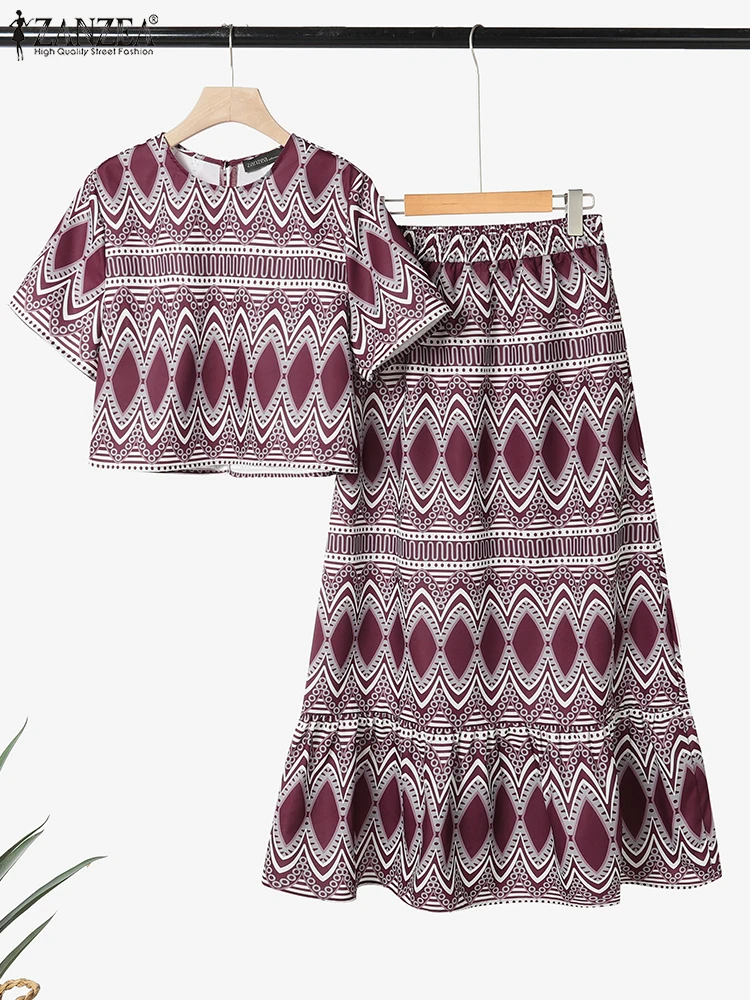 

ZANZEA Stylish Women 2 Pieces Sets Summer Outfits Elegant Printed Tracksuits O Neck Short Sleeve Blouse Dress Sets Matching Sets