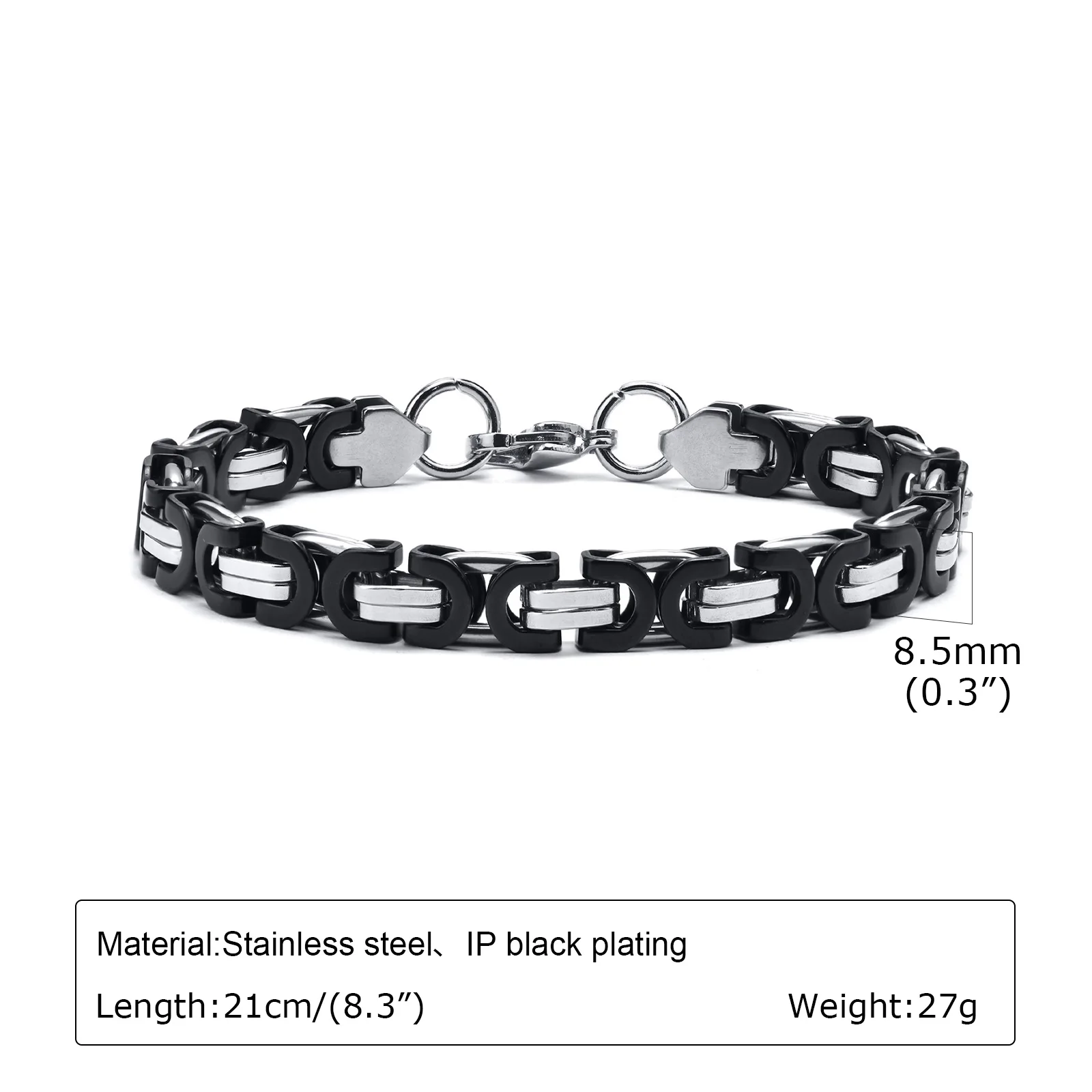 Vnox 8.5mm Black Silver Color Byzantine Link Chain Bracelets for Men Teens, Two Tones Punk Rock Cool Wristband