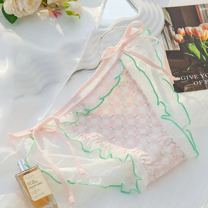 Underwear Tulip Girl Color Blocked Lace Edge Underwear Japanese Lolita Sweet Women's Triangle Pants Strap Summer Thin