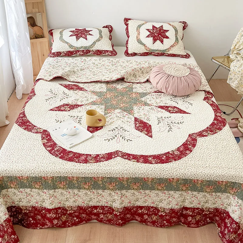 CHAUSUB Cotton Quilt Set Vintage Patchwork 3PCS Bedspread on the Bed Queen Size Floral Coverlet Double Blanket for Bed Comforter