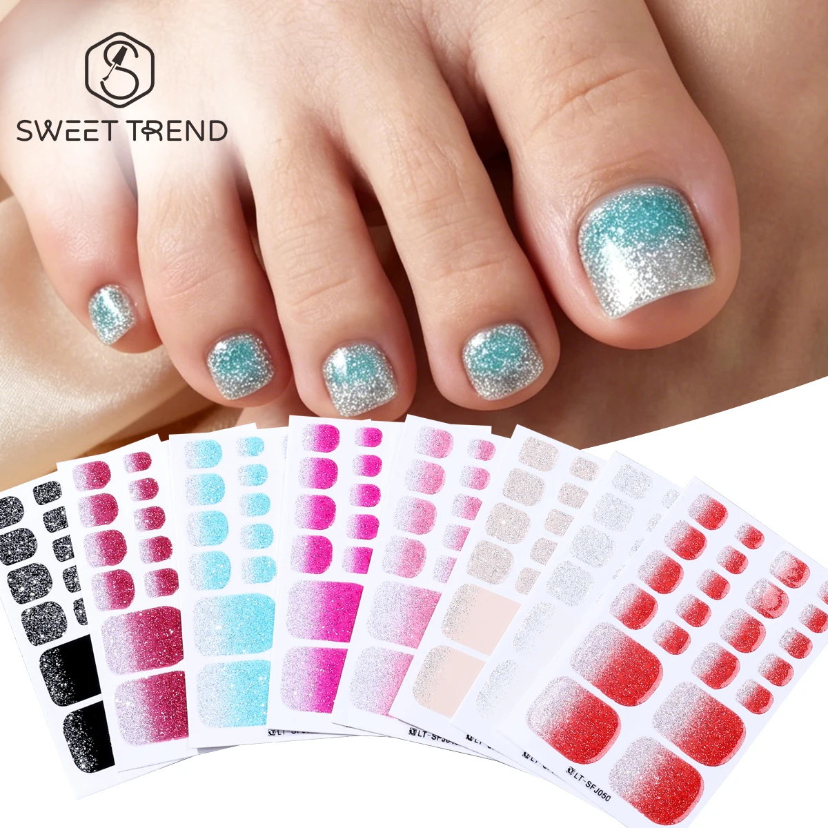 8pcs Reflective Gradient Glitter Toenails Polish Strips Summ