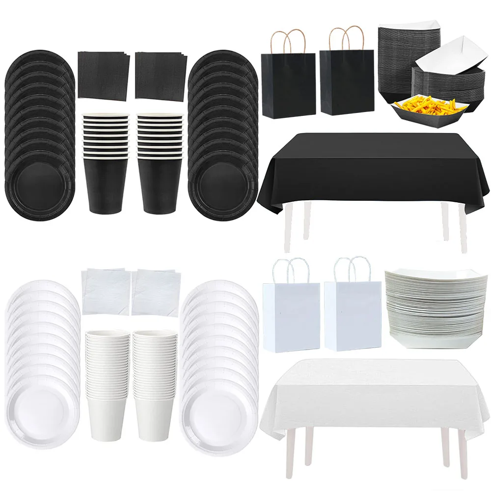 Sólido preto e branco tema decorações de aniversário festa descartável utensílios de mesa guardanapos pratos copos toalhas de mesa saco de presente bandeja de comida