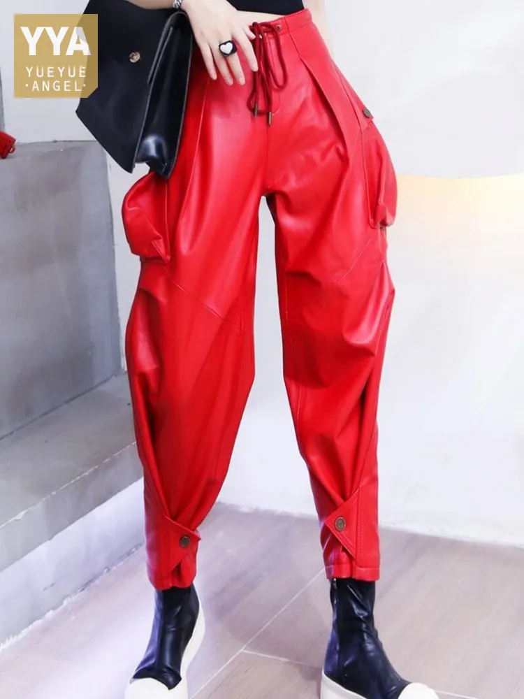 New Fashion Women Adjustable Bottom Boot Cut Trousers Loose Fit Wide Leg Pants Casual Streetwear Sheepskin Genuine Leather Pants