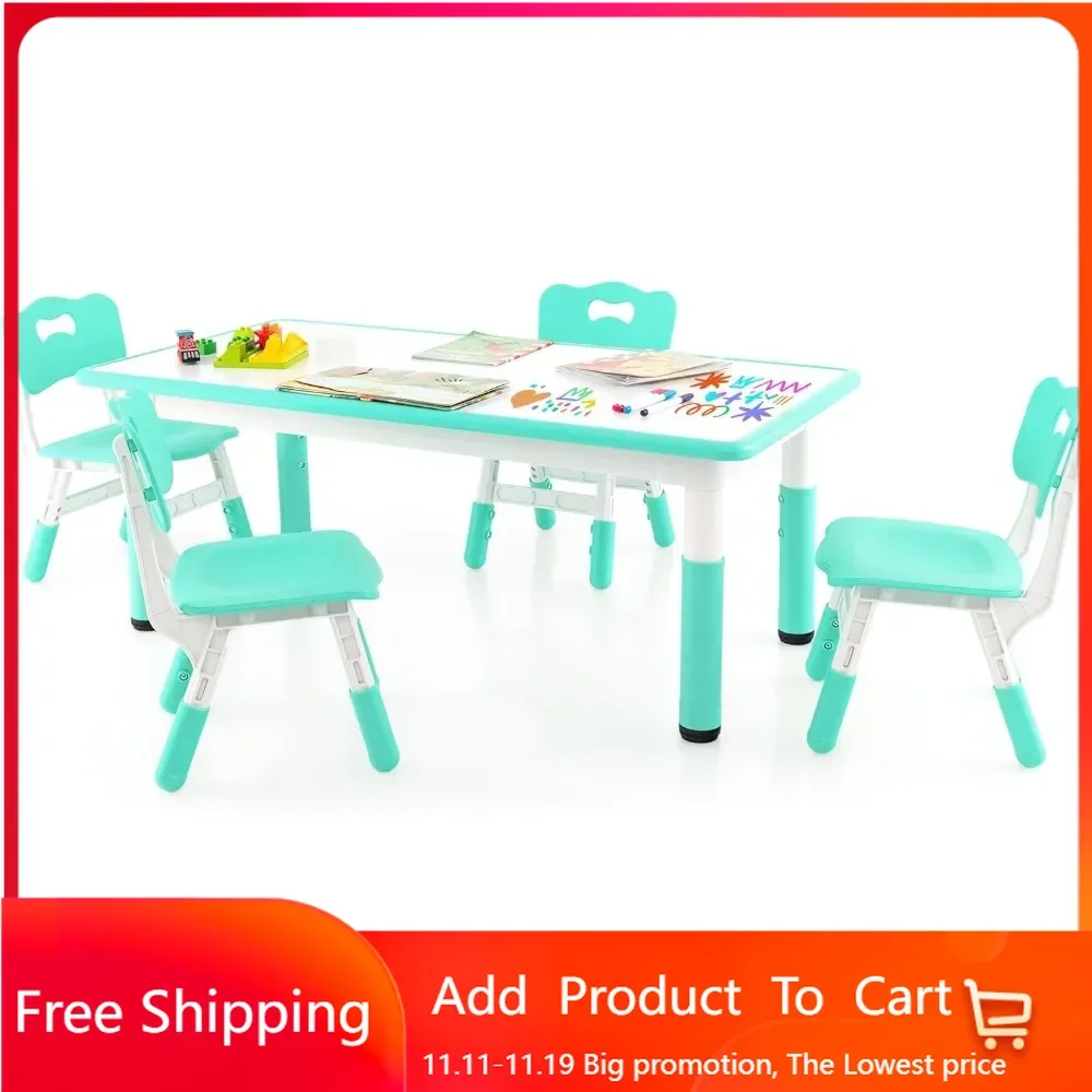 Kids Table and Chair Set, Height Adjustable Children Activity Table and 4 Chairs Set w/Erasable Graffiti Desktop