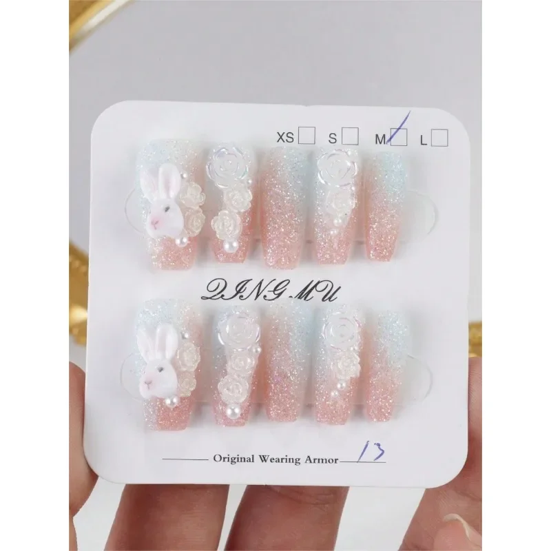 10pcs Pure Handmade False Nails Short Style/Hand-Painted Stripes/Shiny Metallic Pearls/Cream Texture Symbol Of Friendship