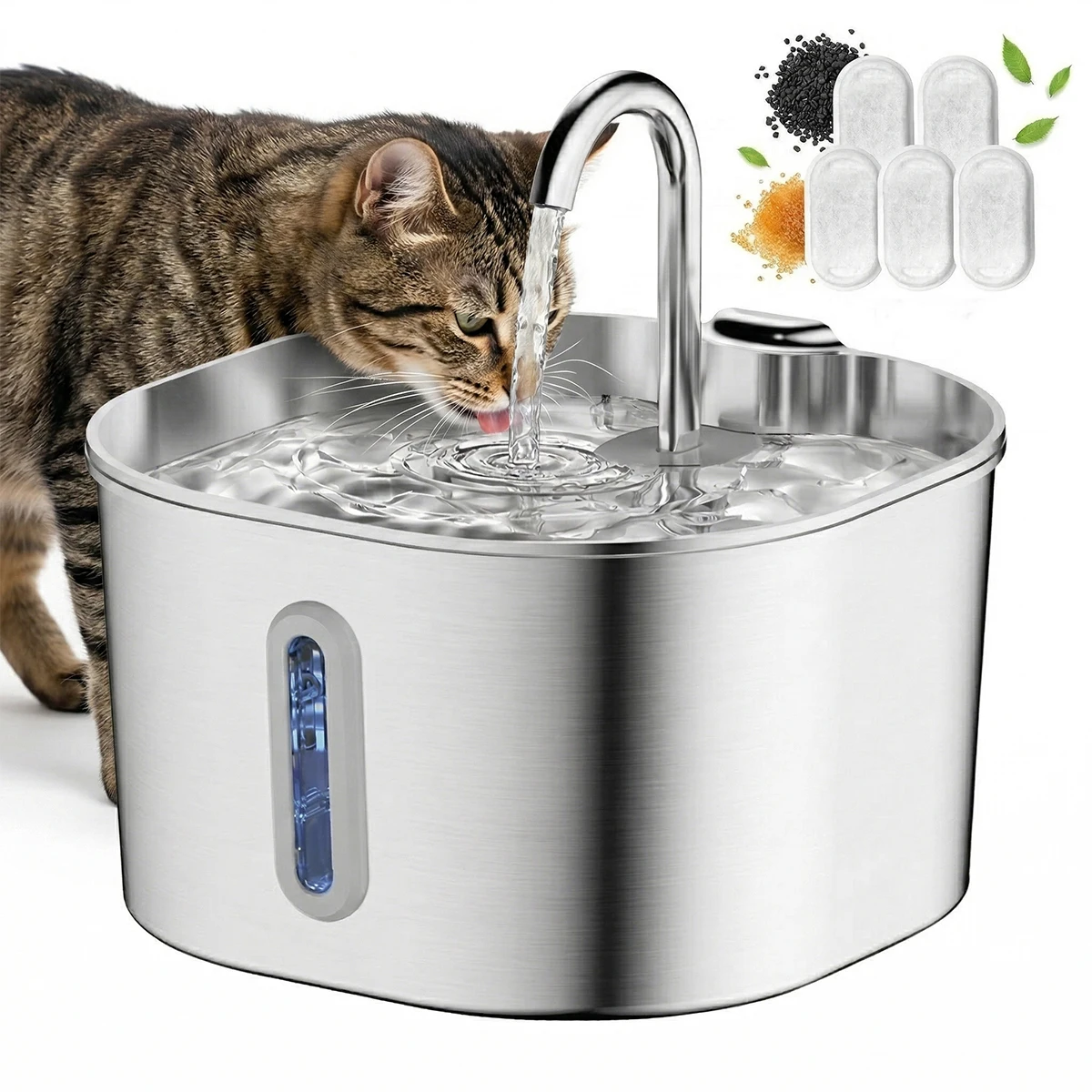 Pet Fountain Filter Replacement - 2.2L Stainless Steel Pet Fountain, Ultra-Quiet,
