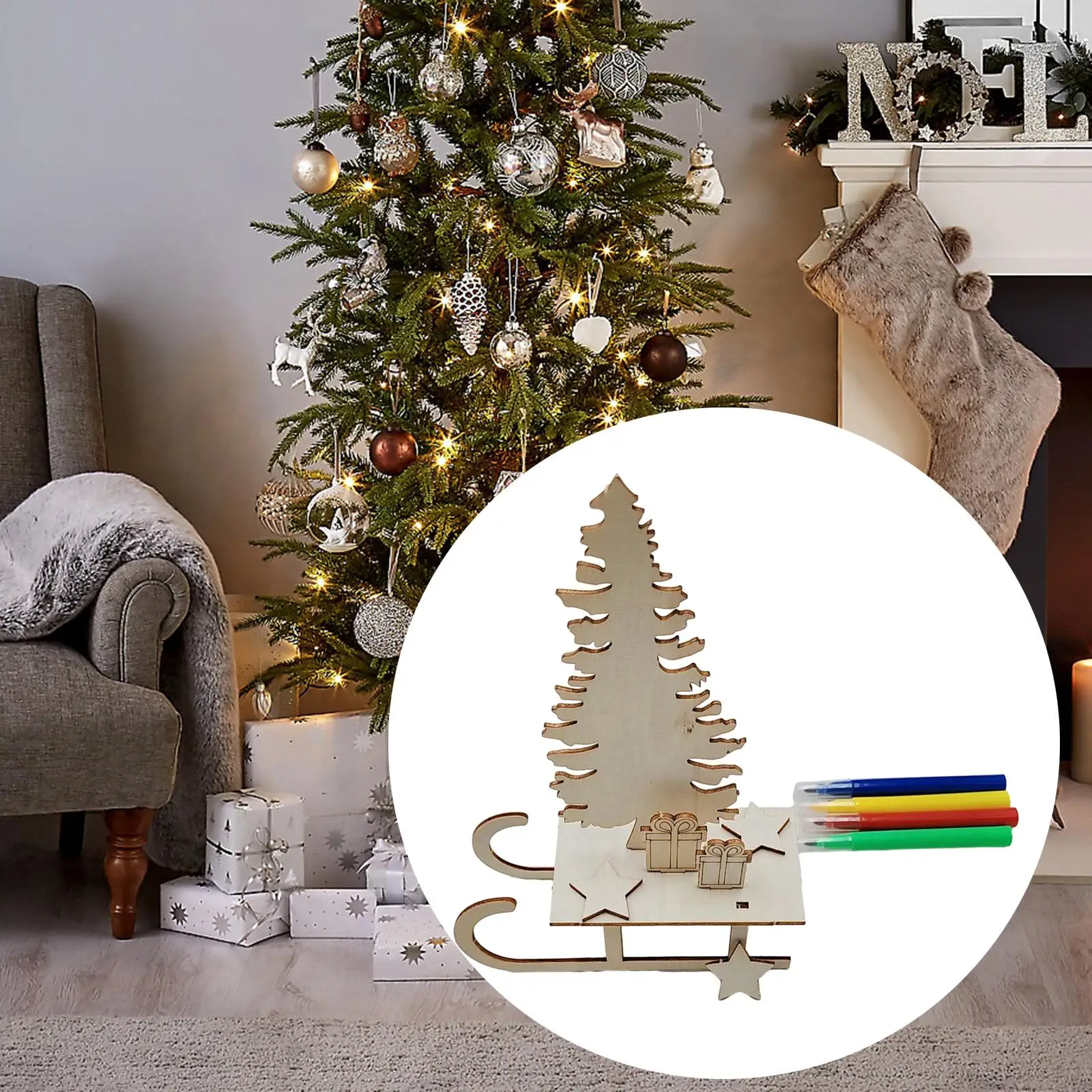 2x Wood Sled DIY Wooden Crafts Kit DIY Assembly Toys Miniature Wood Trim Xmas Tree