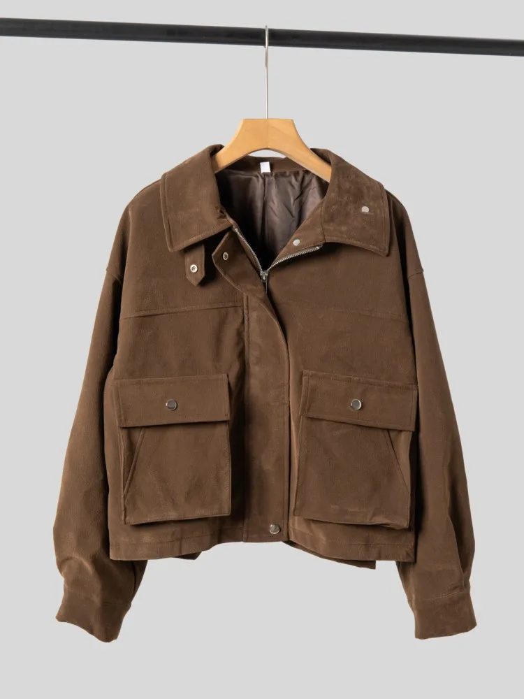 

Винтажные замшевые куртки, женские модные пальто с отложным воротником и длинными рукавами, нагрудное пальто с карманами, новинка 2025, осенне-зимние шикарные повседневные пальто