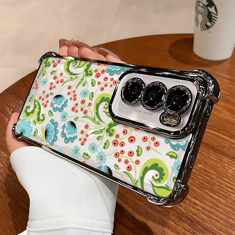 Camera Lens Protection Phone Case For Huawei P40 Pro Nova 9 4E P30 Lite Floral Leaves Print Shockproof Plating Clear TPU Cover