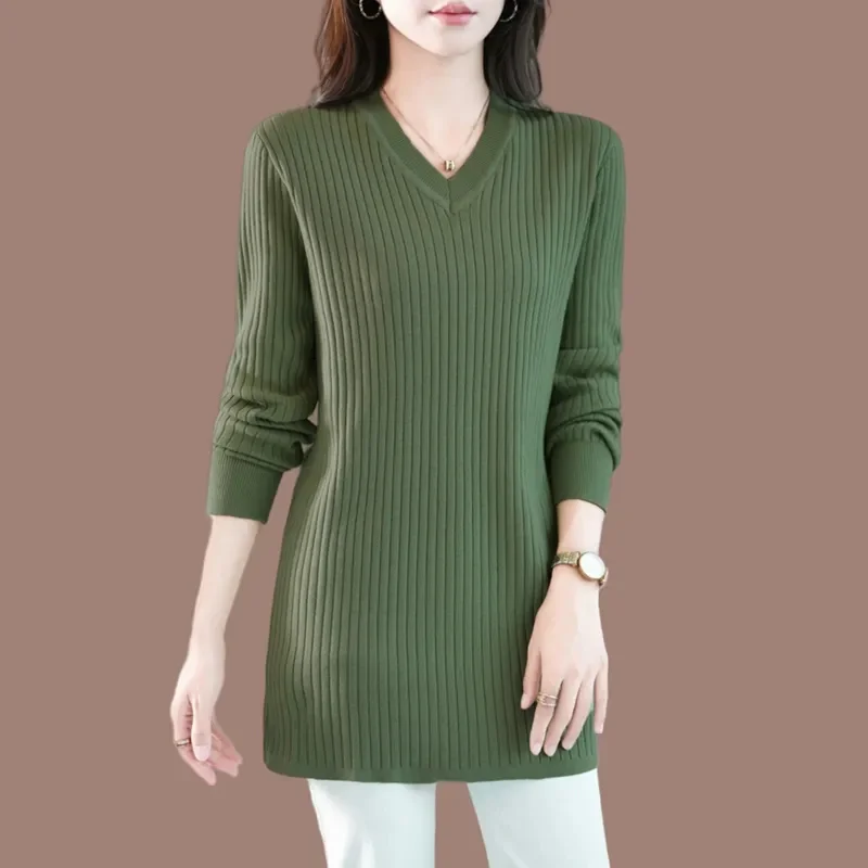 

Large Size Long Sweater Women's Loose V-Neck Coat New Straight Pullover Spring Autumn Winter Slim Tops Bottoming Knitwear Female