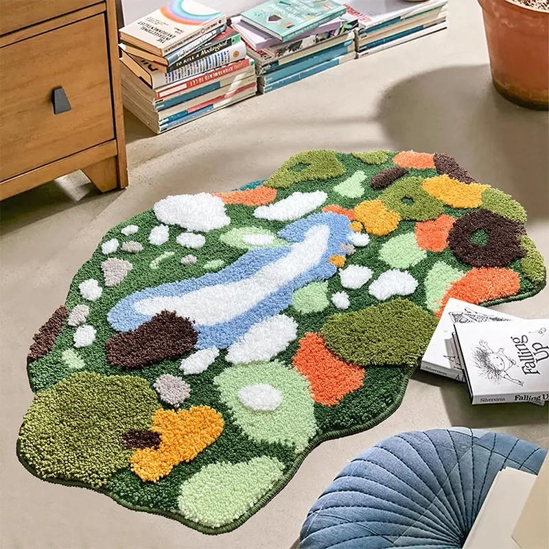 Hand-Tufted Bath Mats Forest Moss Flower Flocked Bathroom Rug Thickened Soft Non-Slip Mat Water-Absorbent Bedside Area Rugs