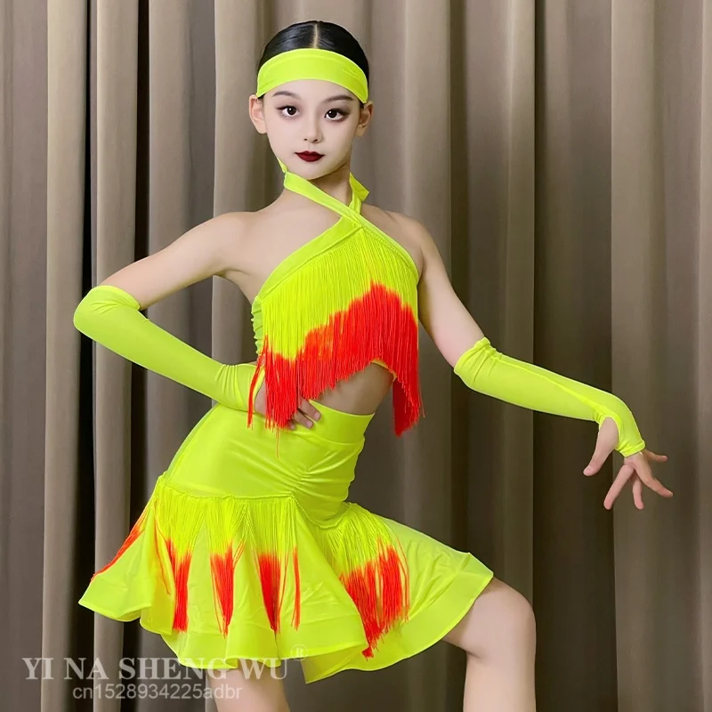 

Новый флуоресцентный желтый костюм для латинских танцев, топы с кисточками для девочек, юбка, детское платье для латинских соревнований, одежда для танцев ча-ча-румбы