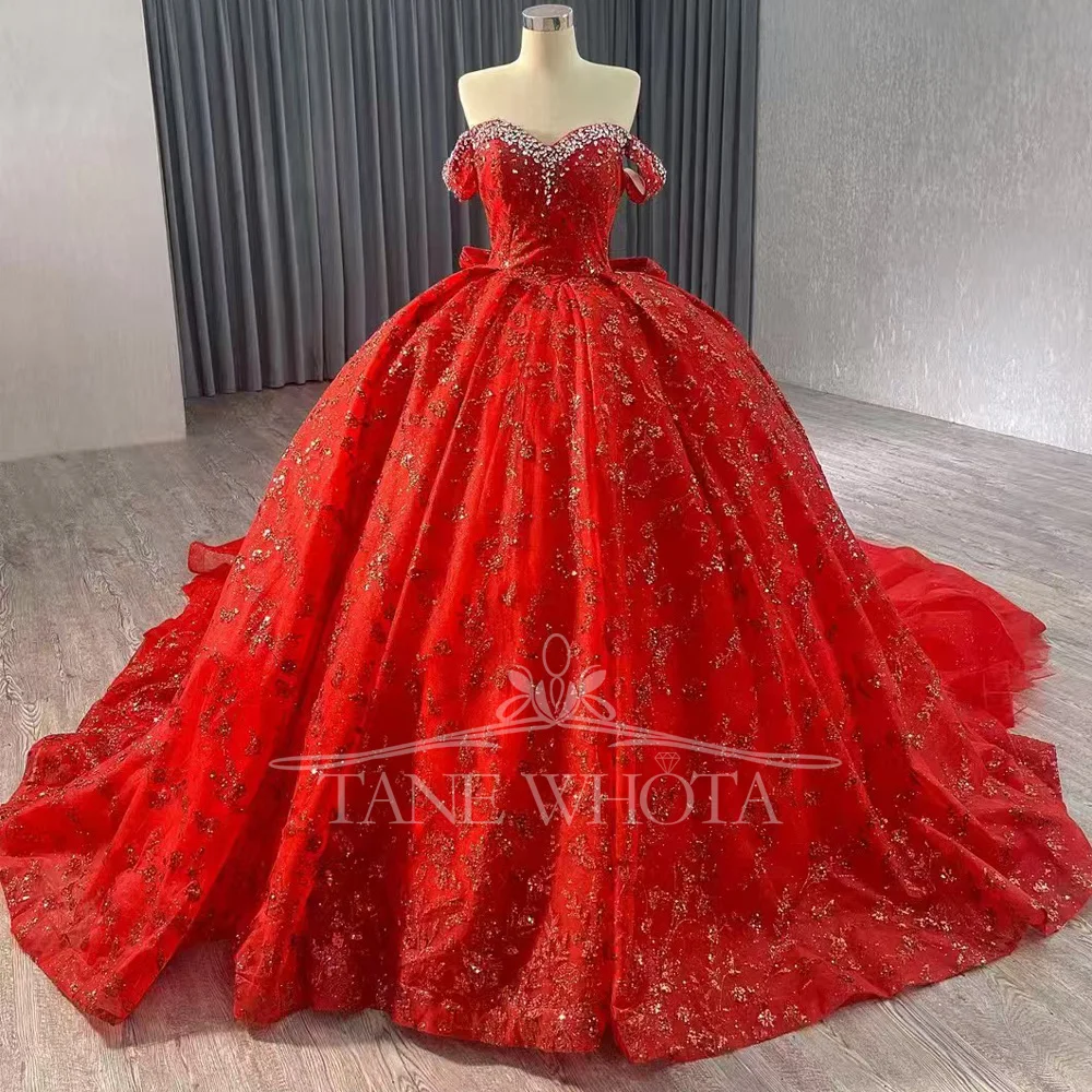 

Красное настраиваемое вечернее платье с открытыми плечами, на шнуровке сзади, украшенное бисером и кристаллами, с блестками и бантом, Vestido De Noche