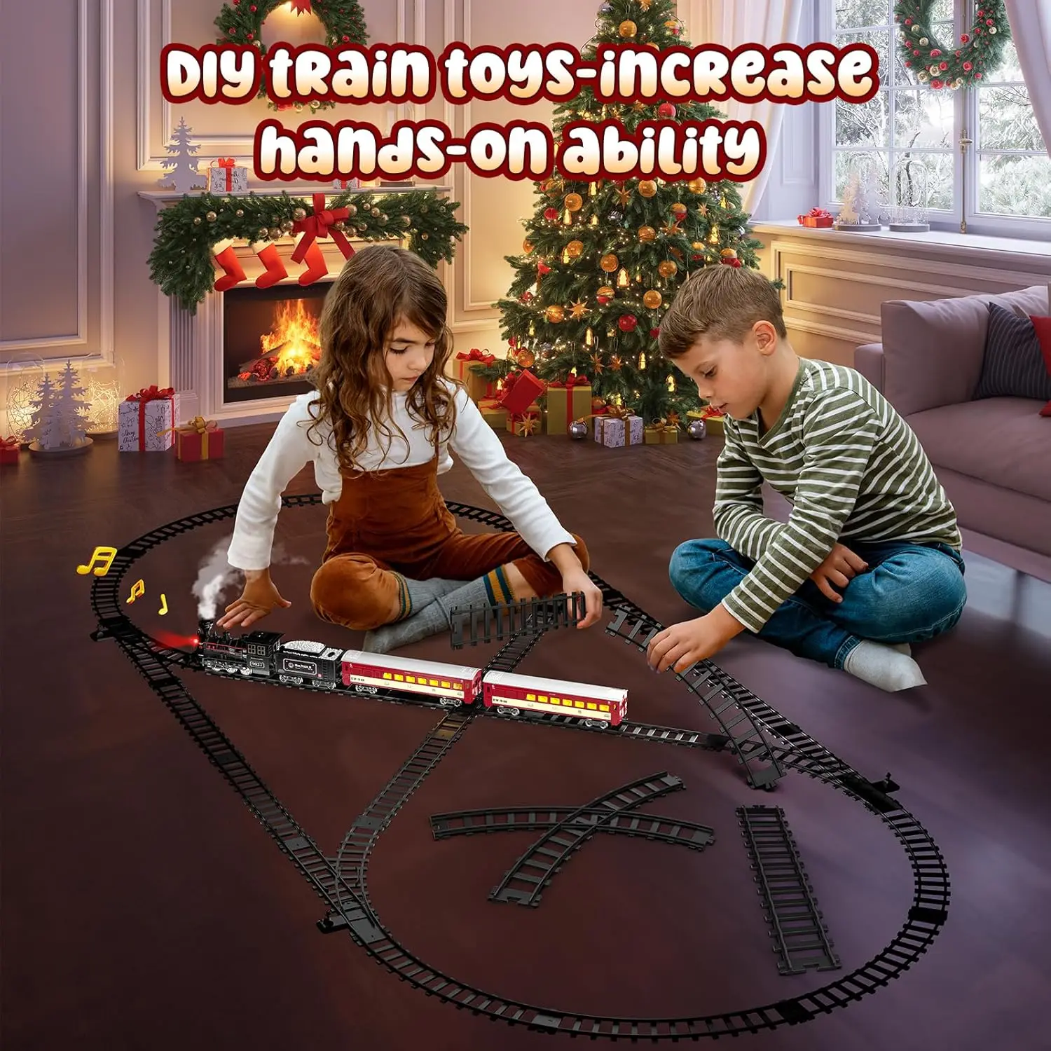 Train Set - Metal Train Toys with Luxury Tracks and Glowing Passenger, Christmas Train Sets for Around The Tree with Smokes, Lig