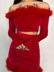 2024 Sexy Fur Patchwork Two Piece Velvet Dress Sets for Women Red Black Long Sleeve Cropped T-shirt and High Waist Skirt Suit