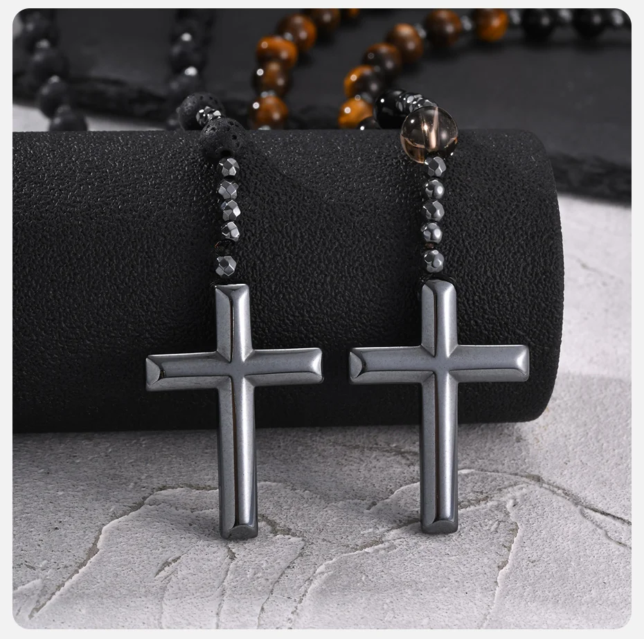 Vnox Herren Rosenkranz-Halskette, Hämatit-Kreuzanhänger, Lavastein-Tigerauge-Perlen, lange Kette, religiöser christlicher Gebetsschmuck, Geschenk – Detail 5