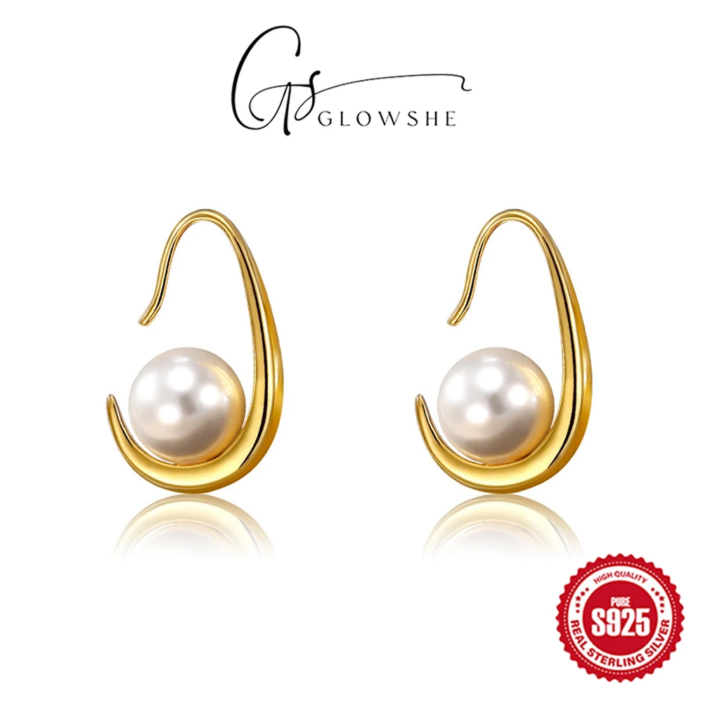 Glowshe 925 Sterling Silver Pearl Stud Earrings Birthday Party Creative Fine Jewelry Women's Elegant Luxury Statement Earrings