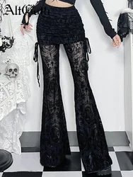 AltGoth Gothic Dark Flocking Pants Women Streetwear Aesthetic Emo Alt Grunge See Through Lace-up High Waist Flare Pants Female
