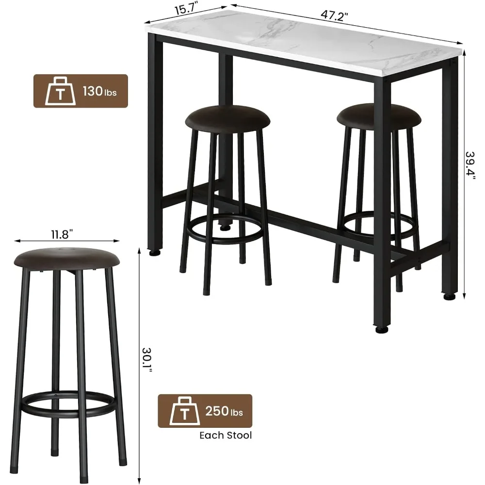 カウンターハイトパブテーブル2点セット、人造大理石トップと布張りスツール付き