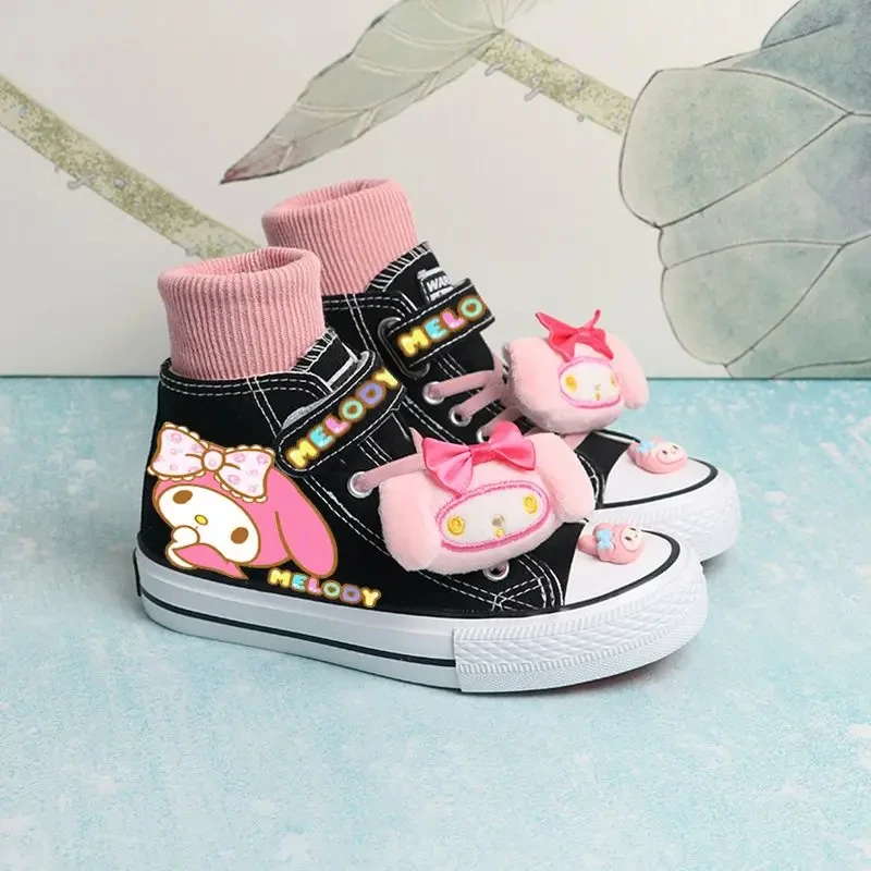 Kawaii Kids Canvas Shoes Kuromi Melody Pochacco High Top Anime Sanrios Cartoon Cute Girl Sport Shoes White Comfortable Sneakers