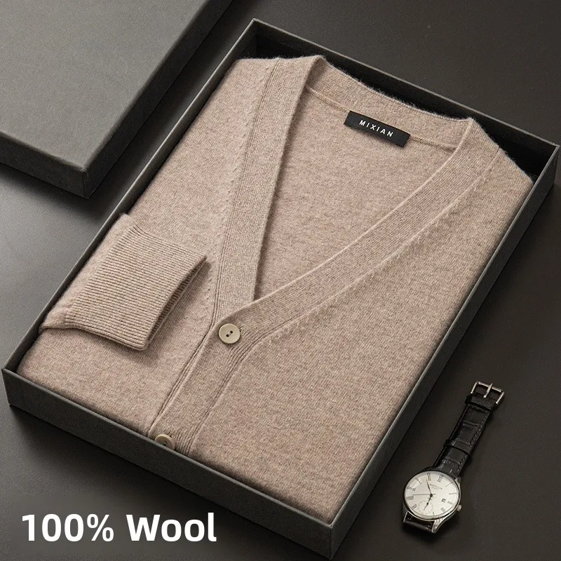 

Мужской вязаный кардиган из 100% чистой шерсти с V-образным вырезом, легкий, для весны и осени, повседневный, с длинным рукавом, цветной