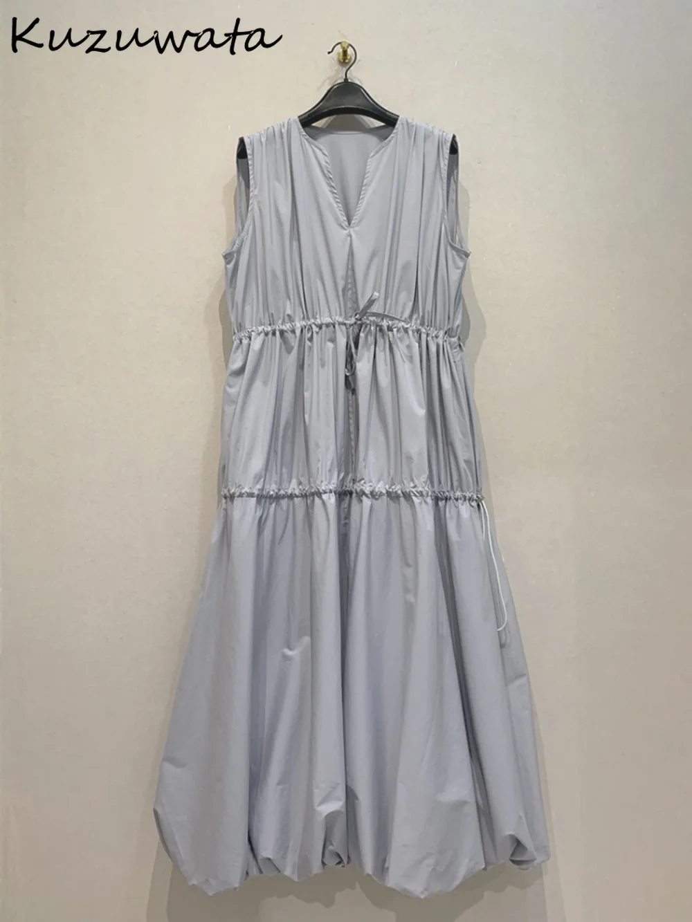 Kuzuwata Vintage V Neck Sleeveless Casual Vestidos Vintage Slim Fit Stretch Waist Robe Japan New Lazy Moda Drawstring Vest Dress