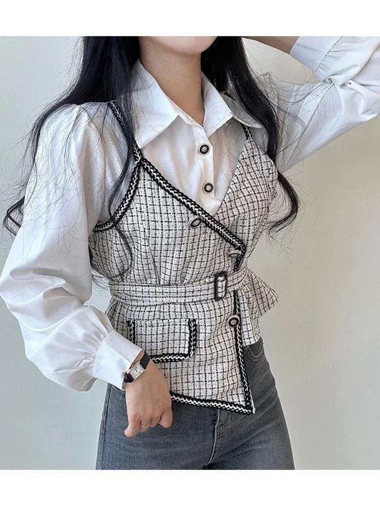 Women Spring Shirt Korean Minority Retro Lapel Splicing Fake Two-piece Lace-up Waist Contrast Long-sleeved Shirt Top D3172