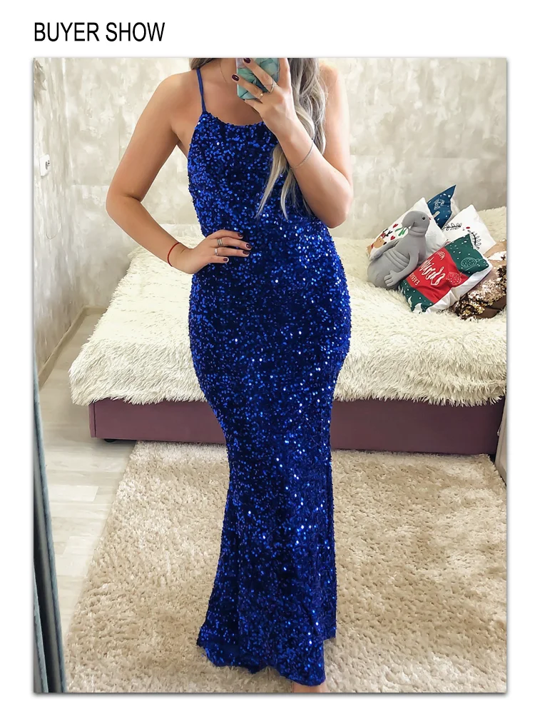 Romagic Royal Blue Backless Cross Sequin Mermaid Wedding Party Gown Velvet Slip Luxury Long Evening Cocktail Prom Dress Summer