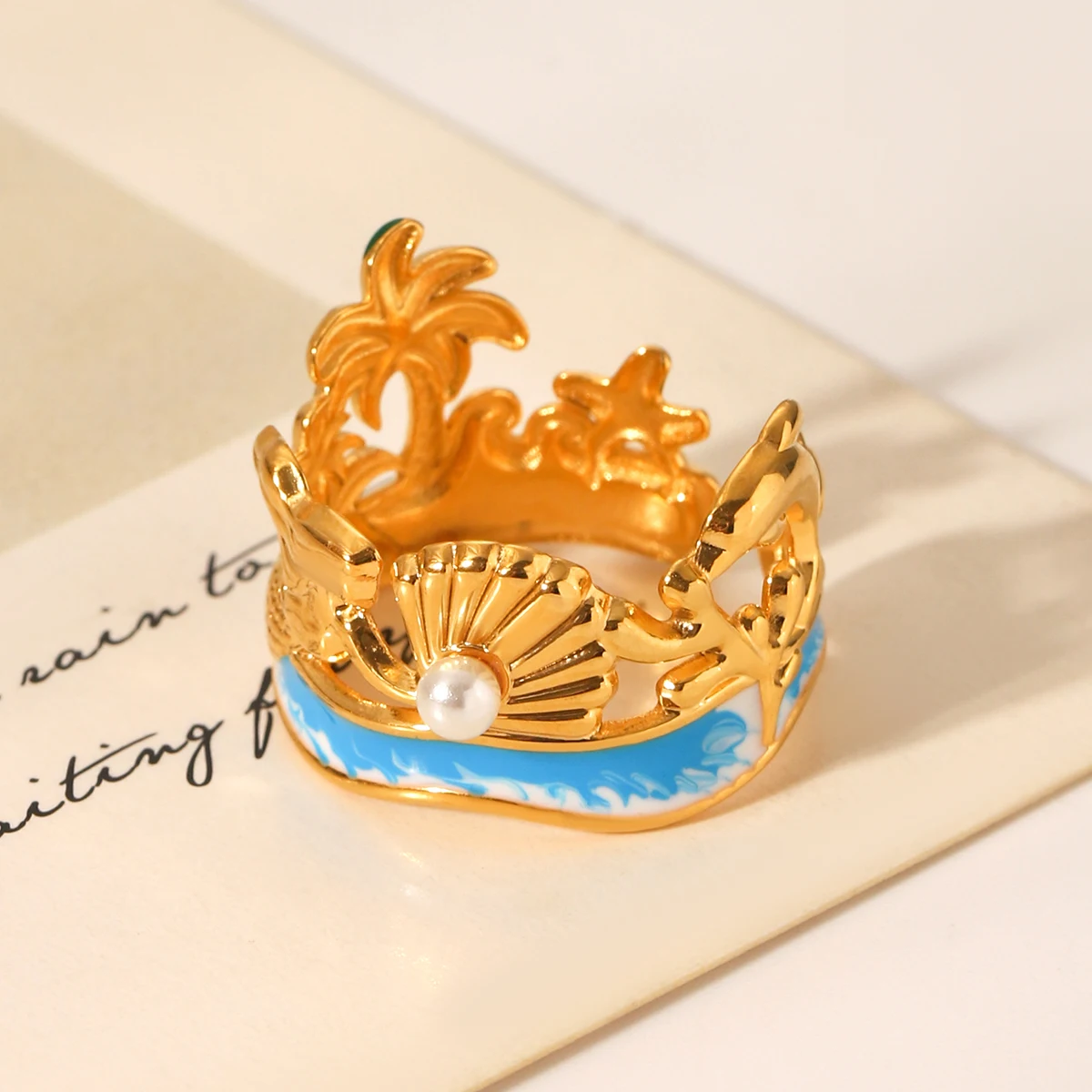 

Huangchao Beach shell starfish pattern Open Rings for Women, Stainless Steel Plated 18K Gold Ring Fashion Jewelry Accessories