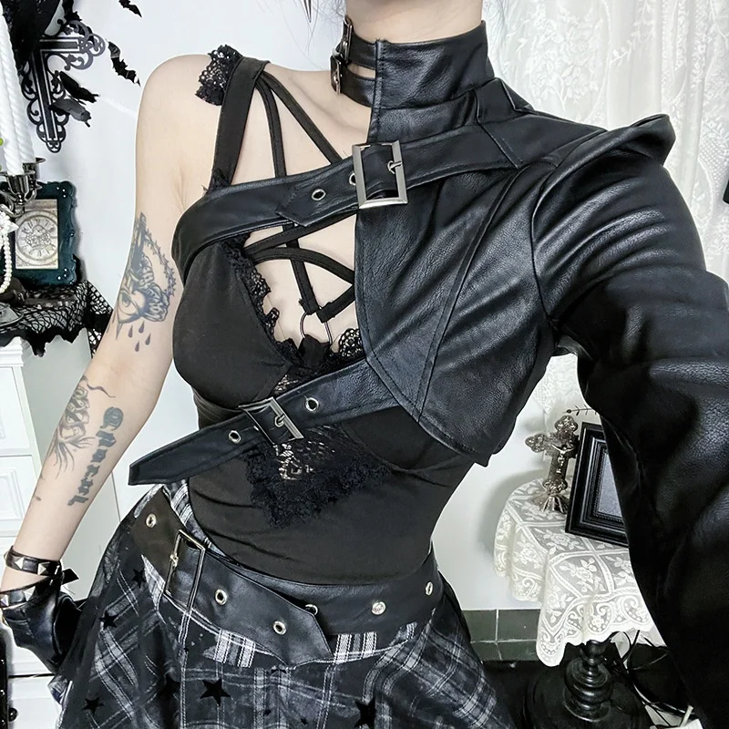 Punk Gothic Sle PU Lederen oulder Sve Jaet Halloween Subcultuur Jazz Kraag Motorfiets Personali Bovenkleding Dames...