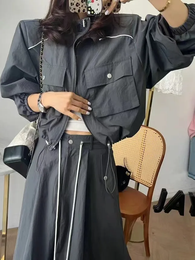 

Faionable Women's Autumn ort Coat And Skirt Set Loose Slimming Versatile Dstring Waist A-Line Skirt Two-Piece Suit