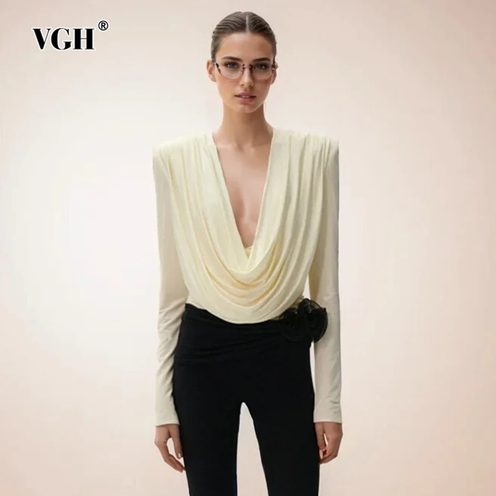 VGH Solid Patchwork Folds Casual Blouses For Women Swinging Collar Long Sleeve Minimalist Slimming Pullover Blouse Female New