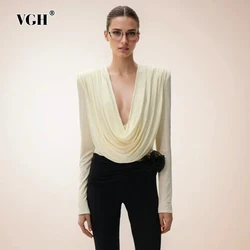 VGH Solid Patchwork Folds Casual Blouses For Women Swinging Collar Long Sleeve Minimalist Slimming Pullover Blouse Female New