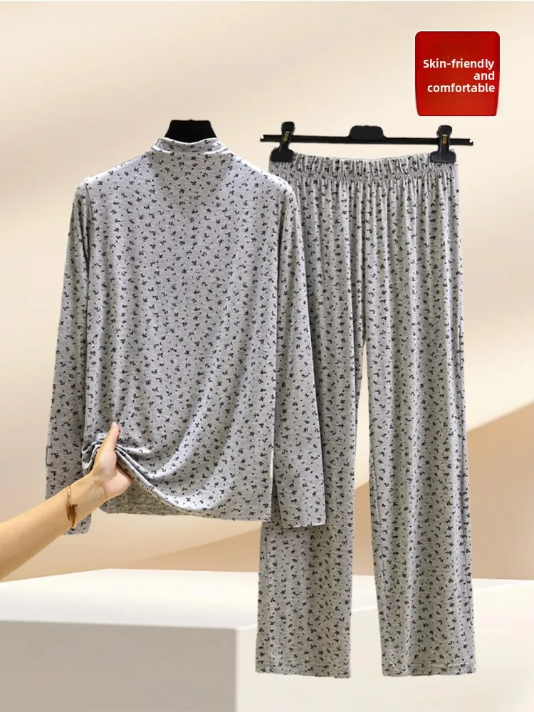 

Floral Print Modal Long Sleeve Mid-Neck Two-Piece Set Women's Autumn Thermal Wear plus Size Slimming Bottoming Base Layer