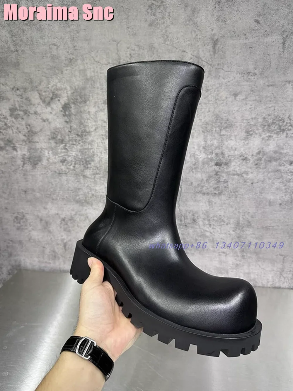 

Unique Big Round Toe Thick Sole Mid Calf Boots Block Mid Heeled Slip On Black Solid Sexy Fashion Women's Long Motorcycles Boots