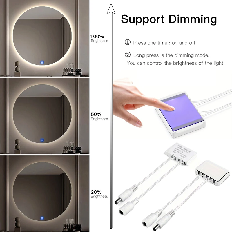 

12V/5V/24V 3A Smart Mirror Switch, Capacitive Touch Dimmer for LED Mirror Light with CCT & Brightness Adjustable