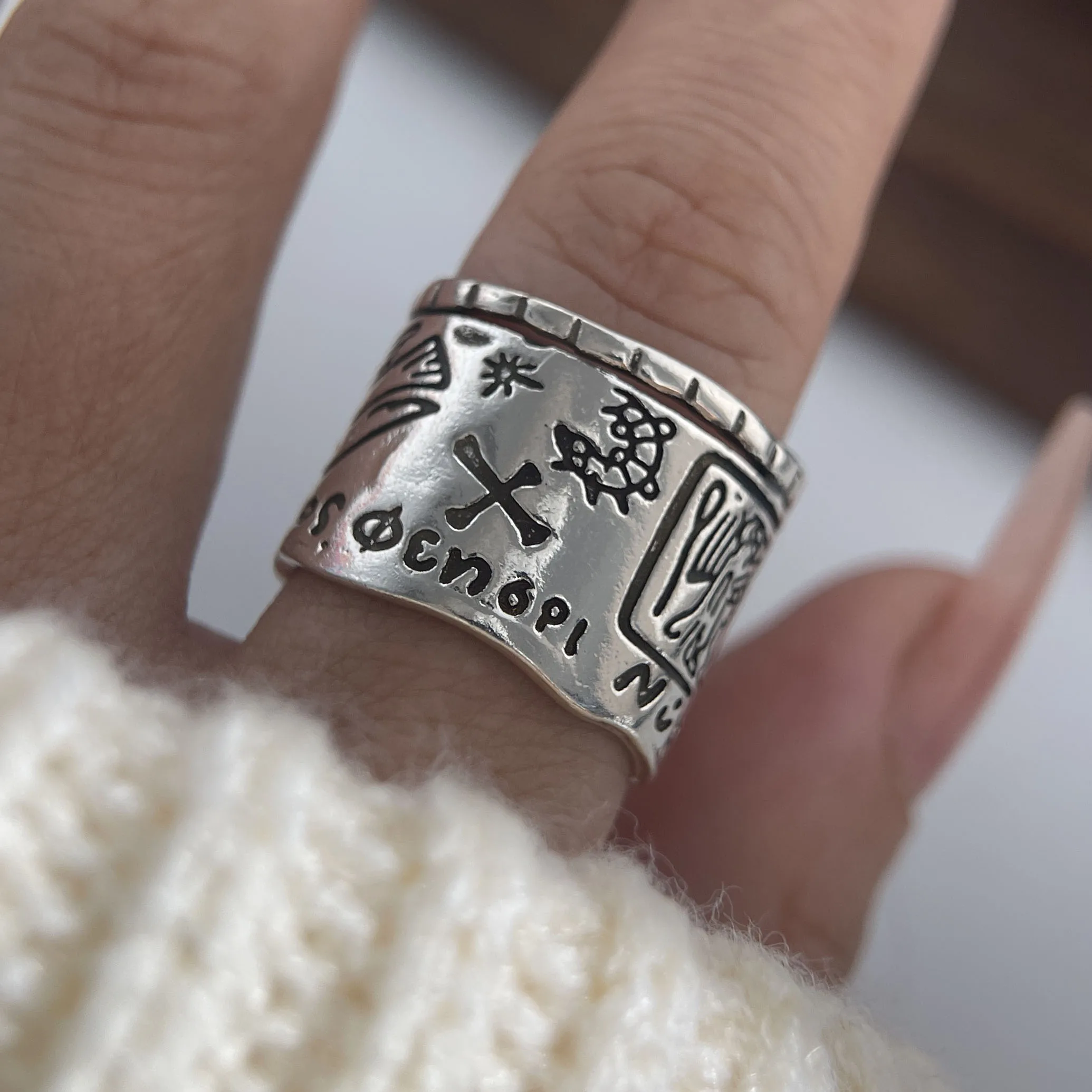 Women's 925 Sterling Silver Minimalist Wide Pattern Ring, Handmade