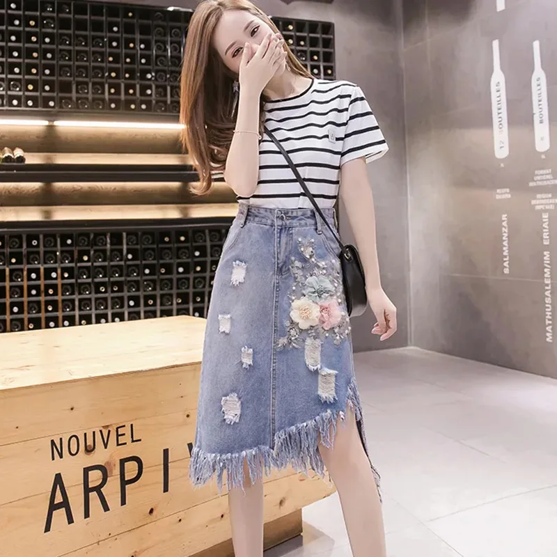 

Women's Denim Skirts Spring Summer High Waist Heavy Work Embroidery Flower Irregular Jeans Skirt Hole Cowboy Skirt