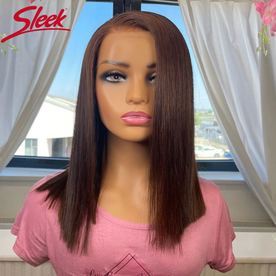 

Sleek 4# Brown Colored Human Hair Wigs For Women 13X6X1 Straight Bob Lace Front Wigs 16 Inch Natural Black Lace Bob Wigs