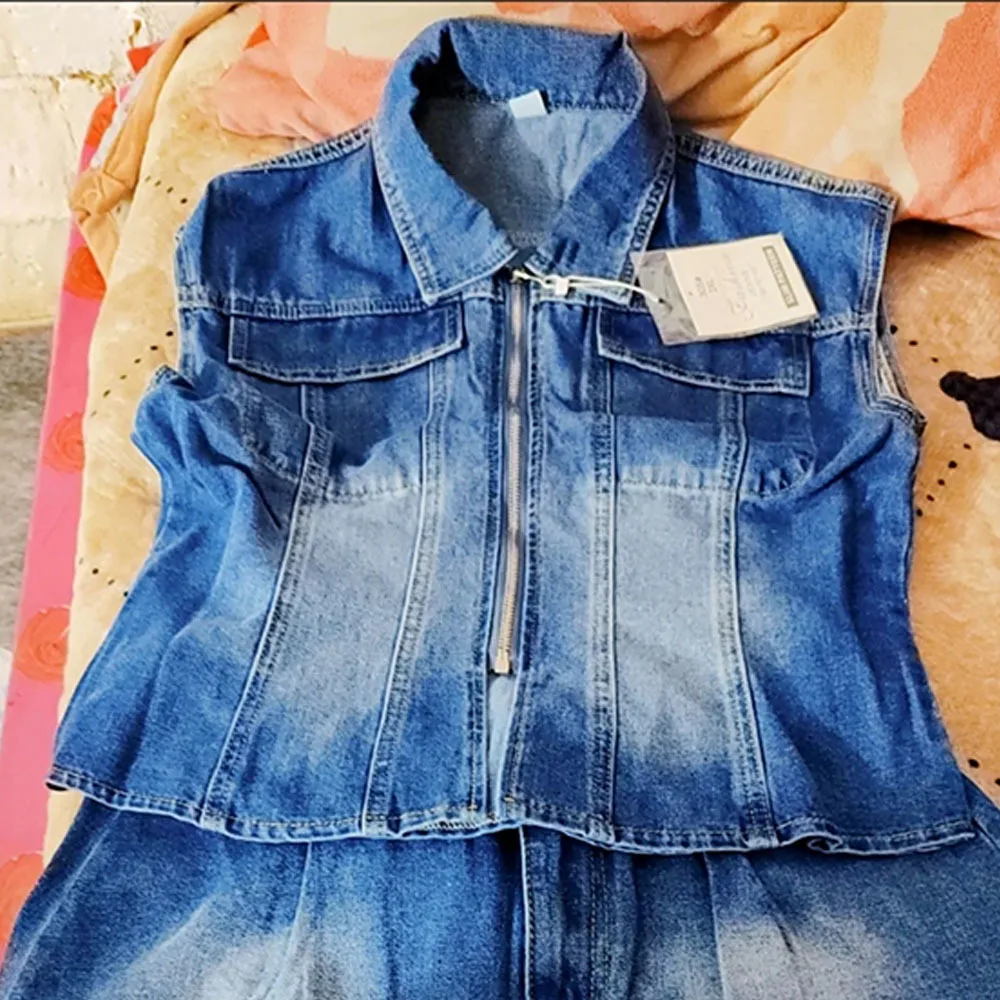 2024 Summer Sets For Women 2 Pieces Denim Sleeveless Zipper Vest Tops + Women\'s New Top + High Waist Ruffle Jean Shorts S-3XL