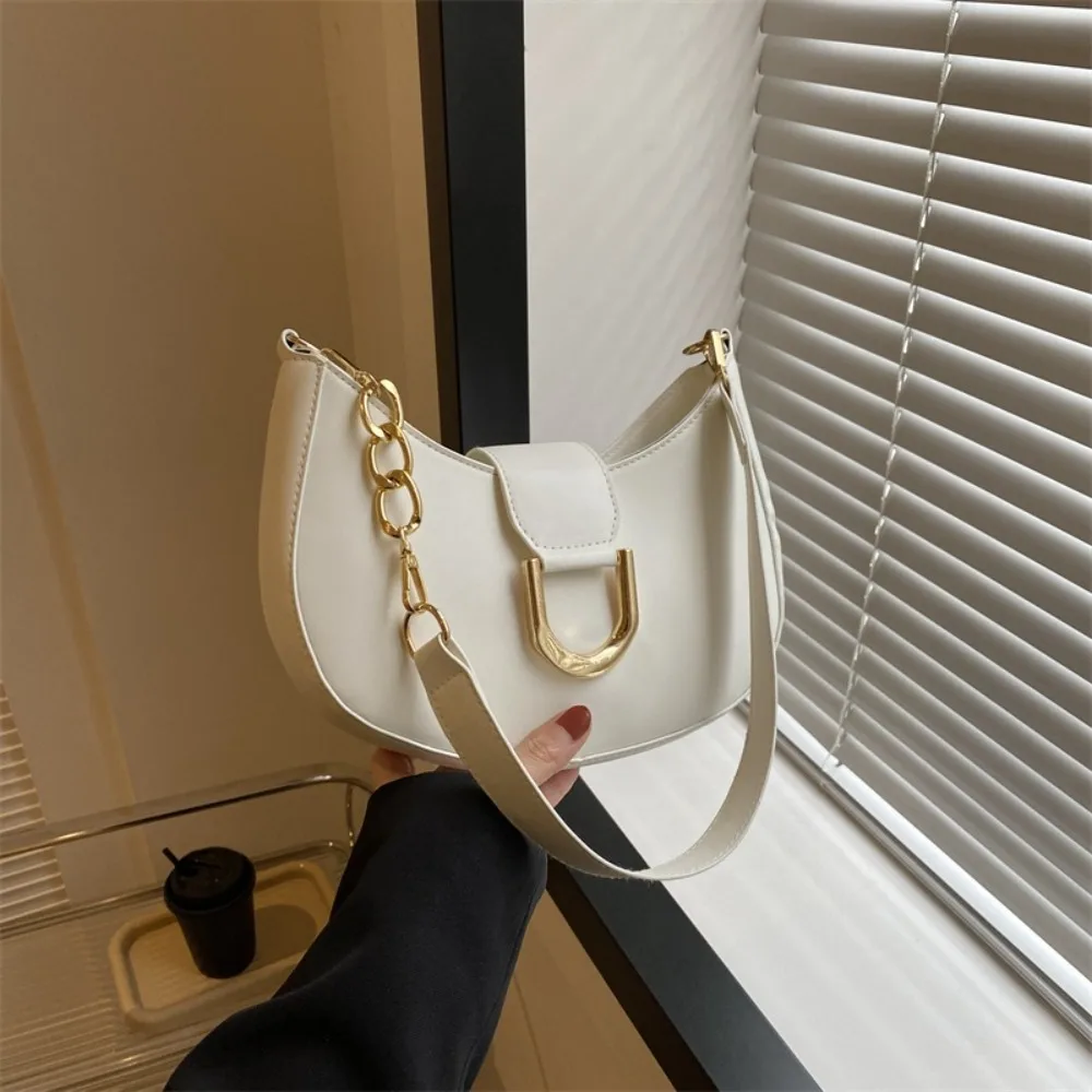 

Korean Style PU Leather Shoulder Bag Fashion Chain Messenger Bag Simple Saddle Bag Half Round Underarm Bag